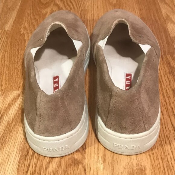 Prada Tan Suede Leather Slip on Sneaker Loafers Size 7 - Picture 6 of 12